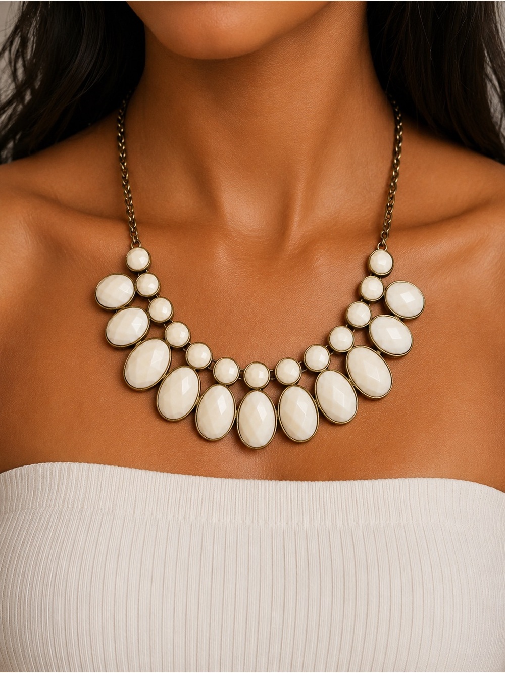 Ivory White Faceted Stone Statement Bib Necklace Gold Tone